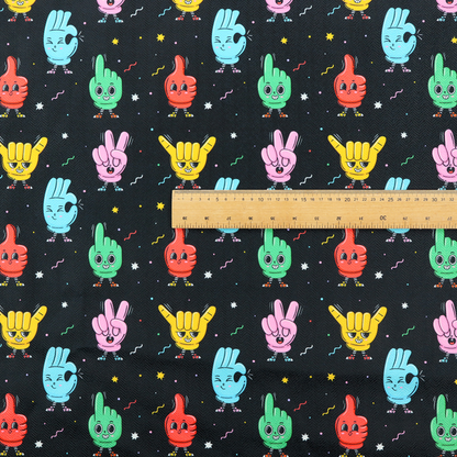 A quirky, fun cartoon print featuring anthropomorphic hands with cute faces making various gestures (like thumbs up, peace signs, and rock hand signs), scattered among tiny stars and squiggly lines.