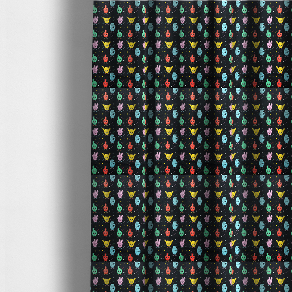 The fabric used to create these made-to-measure curtains is a quirky, fun cartoon print featuring anthropomorphic hands with cute faces making various gestures (like thumbs up, peace signs, and rock hand signs), scattered among tiny stars and squiggly lines.