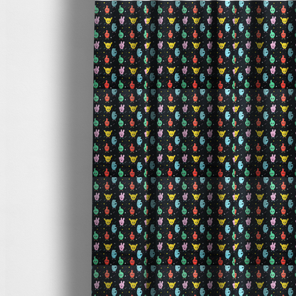 The fabric used to create these made-to-measure curtains is a quirky, fun cartoon print featuring anthropomorphic hands with cute faces making various gestures (like thumbs up, peace signs, and rock hand signs), scattered among tiny stars and squiggly lines.