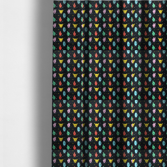 The fabric used to create these made-to-measure curtains is a quirky, fun cartoon print featuring anthropomorphic hands with cute faces making various gestures (like thumbs up, peace signs, and rock hand signs), scattered among tiny stars and squiggly lines.