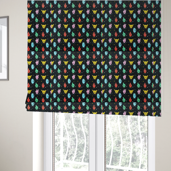 The fabric used to create these Roman blinds is a quirky, fun cartoon print featuring anthropomorphic hands with cute faces making various gestures (like thumbs up, peace signs, and rock hand signs), scattered among tiny stars and squiggly lines.
