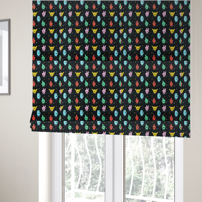 The fabric used to create these Roman blinds is a quirky, fun cartoon print featuring anthropomorphic hands with cute faces making various gestures (like thumbs up, peace signs, and rock hand signs), scattered among tiny stars and squiggly lines.