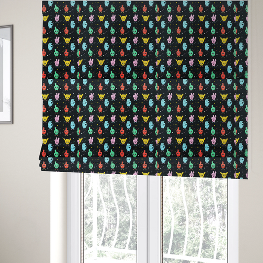 The fabric used to create these Roman blinds is a quirky, fun cartoon print featuring anthropomorphic hands with cute faces making various gestures (like thumbs up, peace signs, and rock hand signs), scattered among tiny stars and squiggly lines.