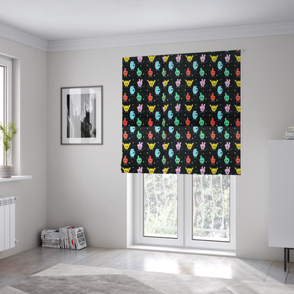 The fabric used to create these Roman blinds is a quirky, fun cartoon print featuring anthropomorphic hands with cute faces making various gestures (like thumbs up, peace signs, and rock hand signs), scattered among tiny stars and squiggly lines.