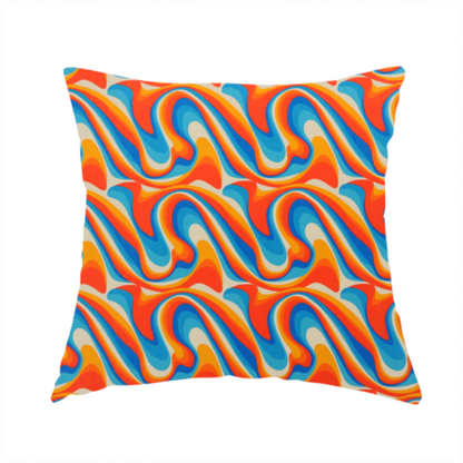 The fabric used to create this handmade cushion is a repeating, retro psychedelic wave pattern featuring fluid, organic shapes.