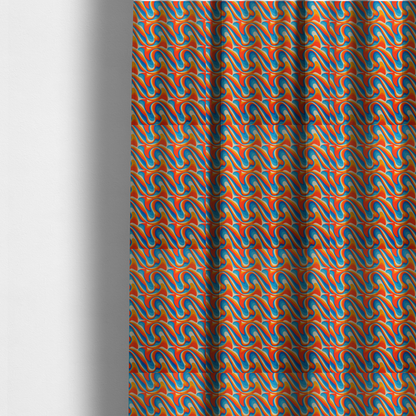 The fabric used to create these made-to-measure curtains is a repeating, retro psychedelic wave pattern featuring fluid, organic shapes.