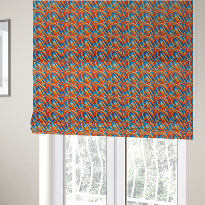 The fabric used to create these Roman blinds is a repeating, retro psychedelic wave pattern featuring fluid, organic shapes.