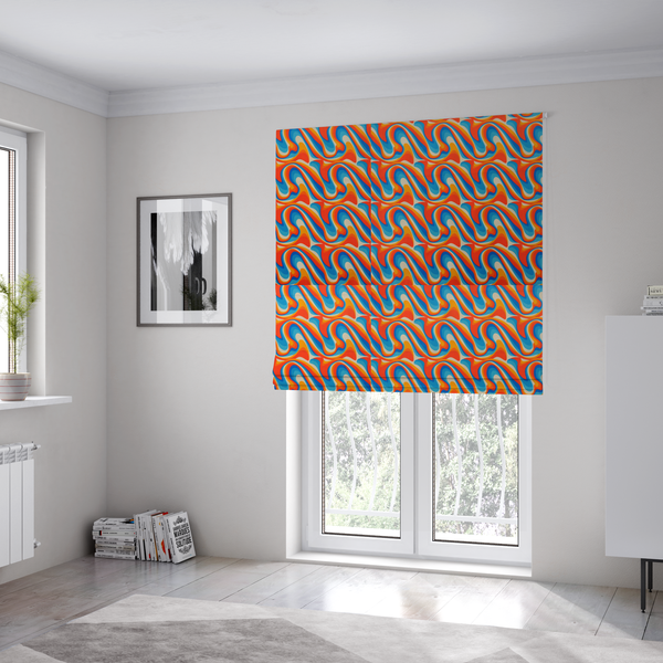 The fabric used to create these Roman blinds is a repeating, retro psychedelic wave pattern featuring fluid, organic shapes.