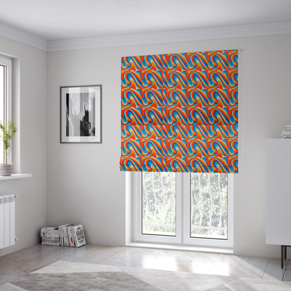 The fabric used to create these Roman blinds is a repeating, retro psychedelic wave pattern featuring fluid, organic shapes.