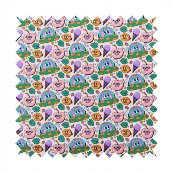A whimsical, retro-cartoon repeat pattern featuring cute anthropomorphic characters and treats.