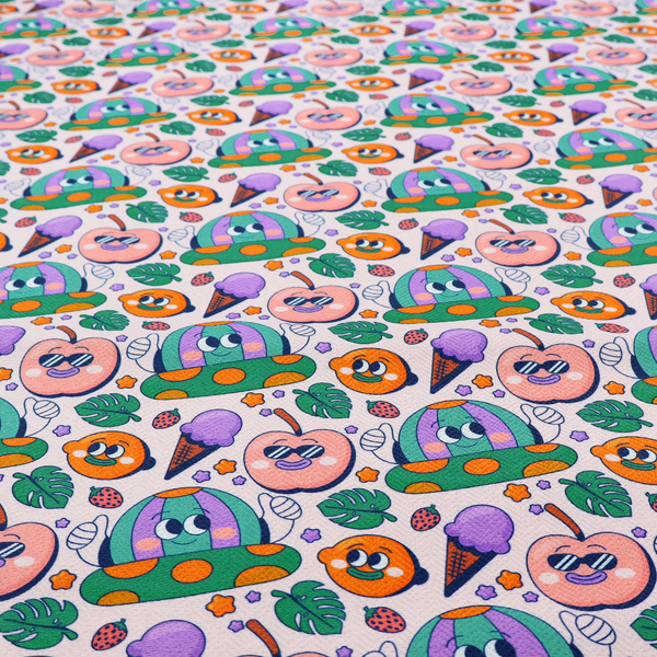 A whimsical, retro-cartoon repeat pattern featuring cute anthropomorphic characters and treats.