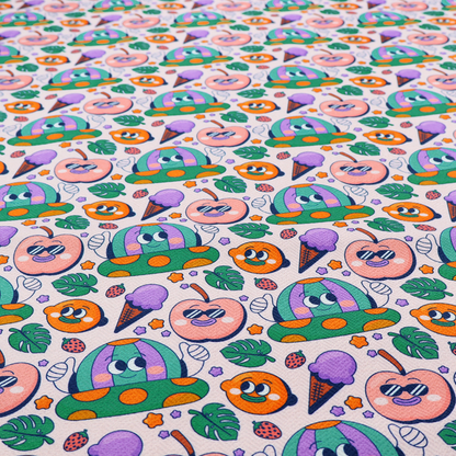 A whimsical, retro-cartoon repeat pattern featuring cute anthropomorphic characters and treats.