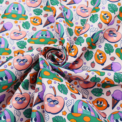 A whimsical, retro-cartoon repeat pattern featuring cute anthropomorphic characters and treats.