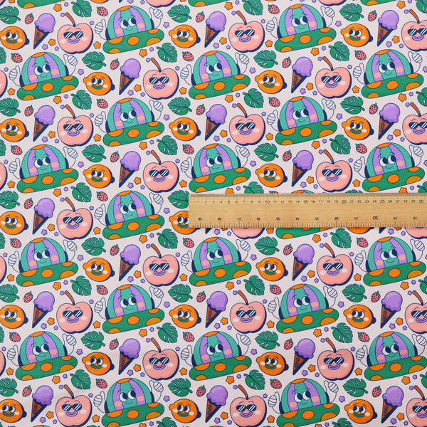 A whimsical, retro-cartoon repeat pattern featuring cute anthropomorphic characters and treats.