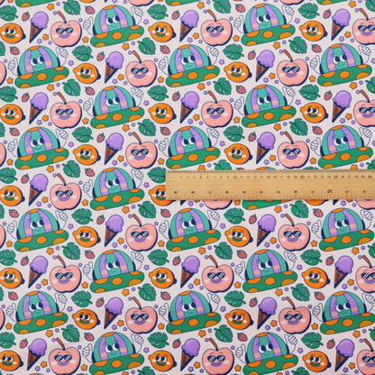 A whimsical, retro-cartoon repeat pattern featuring cute anthropomorphic characters and treats.