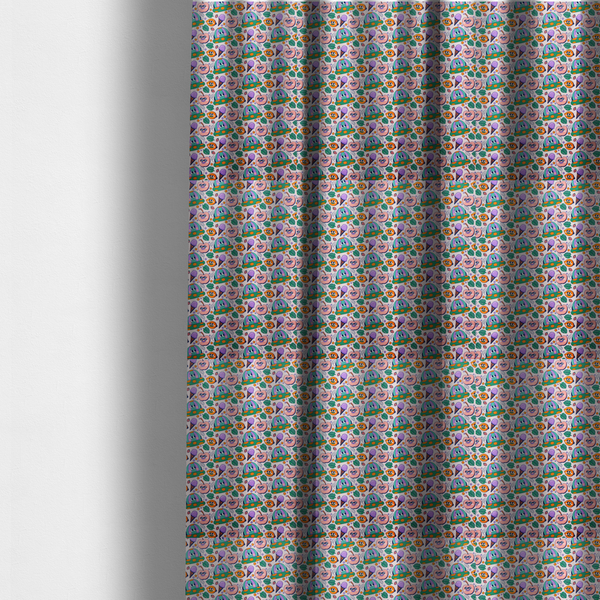The fabric used to create these made-to-measure curtains is a whimsical, retro-cartoon repeat pattern featuring cute anthropomorphic characters and treats.