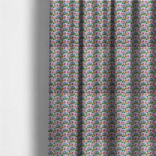 The fabric used to create these made-to-measure curtains is a whimsical, retro-cartoon repeat pattern featuring cute anthropomorphic characters and treats.