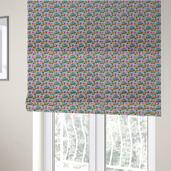 the fabric used to create these Roman blinds is a whimsical, retro-cartoon repeat pattern featuring cute anthropomorphic characters and treats.