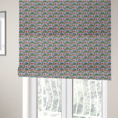 the fabric used to create these Roman blinds is a whimsical, retro-cartoon repeat pattern featuring cute anthropomorphic characters and treats.