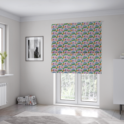 the fabric used to create these Roman blinds is a whimsical, retro-cartoon repeat pattern featuring cute anthropomorphic characters and treats.
