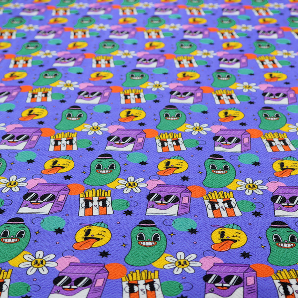 A vibrant, retro-cartoon all-over print featuring quirky, smiling food and character motifs against a blue-purple background.
