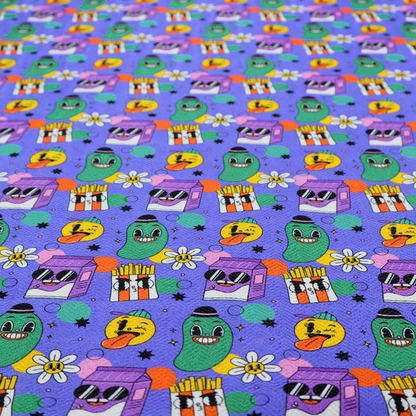 A vibrant, retro-cartoon all-over print featuring quirky, smiling food and character motifs against a blue-purple background.