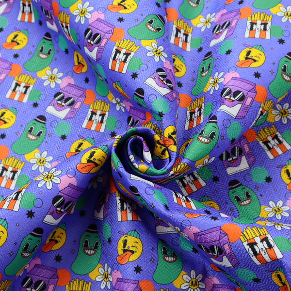 A vibrant, retro-cartoon all-over print featuring quirky, smiling food and character motifs against a blue-purple background.
