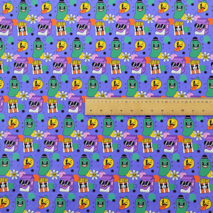 A vibrant, retro-cartoon all-over print featuring quirky, smiling food and character motifs against a blue-purple background.