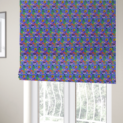 The fabric used to create these Roman blinds is a vibrant, retro-cartoon all-over print featuring quirky, smiling food and character motifs against a blue-purple background.