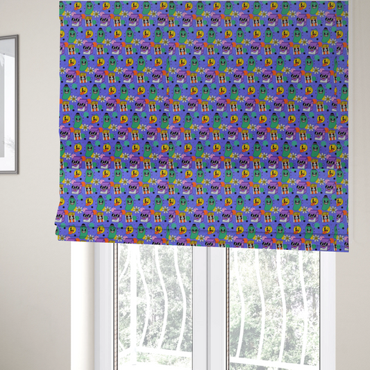 The fabric used to create these Roman blinds is a vibrant, retro-cartoon all-over print featuring quirky, smiling food and character motifs against a blue-purple background.