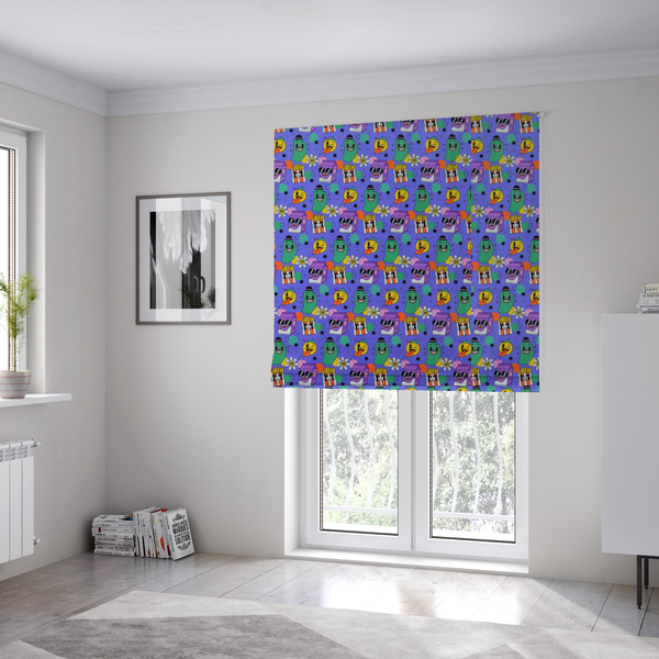 The fabric used to create these Roman blinds is a vibrant, retro-cartoon all-over print featuring quirky, smiling food and character motifs against a blue-purple background.