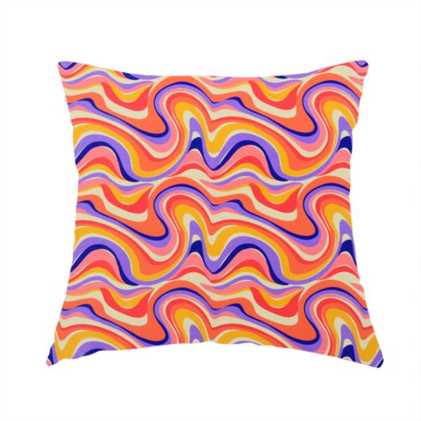 The fabric used to create this handmade cushion is a repeating, retro psychedelic wave pattern characterized by fluid, organic horizontal lines and swirling peaks.