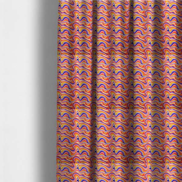 The fabric used to create these made-to-measure curtains is a repeating, retro psychedelic wave pattern characterized by fluid, organic horizontal lines and swirling peaks.