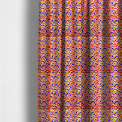 The fabric used to create these made-to-measure curtains is a repeating, retro psychedelic wave pattern characterized by fluid, organic horizontal lines and swirling peaks.