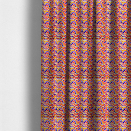 The fabric used to create these made-to-measure curtains is a repeating, retro psychedelic wave pattern characterized by fluid, organic horizontal lines and swirling peaks.