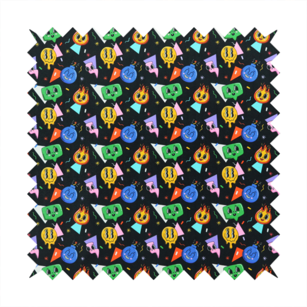 A retro, whimsical all-over print featuring an array of quirky, smiling cartoon characters and geometric shapes against a dark background.