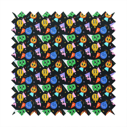 A retro, whimsical all-over print featuring an array of quirky, smiling cartoon characters and geometric shapes against a dark background.