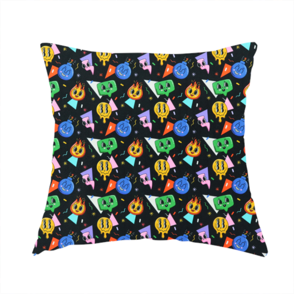 The fabric used to create this handmade cushion is a retro, whimsical all-over print featuring an array of quirky, smiling cartoon characters and geometric shapes against a dark background.