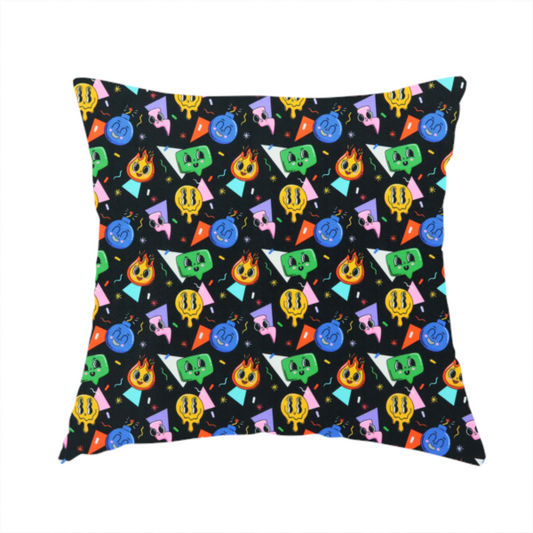 The fabric used to create this handmade cushion is a retro, whimsical all-over print featuring an array of quirky, smiling cartoon characters and geometric shapes against a dark background.