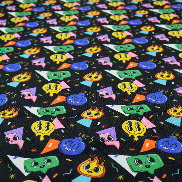 A retro, whimsical all-over print featuring an array of quirky, smiling cartoon characters and geometric shapes against a dark background.