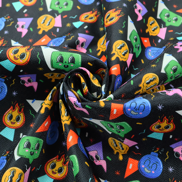 A retro, whimsical all-over print featuring an array of quirky, smiling cartoon characters and geometric shapes against a dark background.