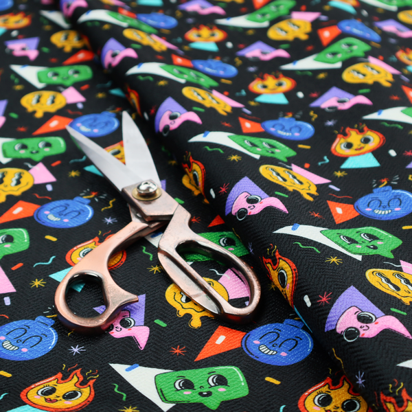 A retro, whimsical all-over print featuring an array of quirky, smiling cartoon characters and geometric shapes against a dark background.