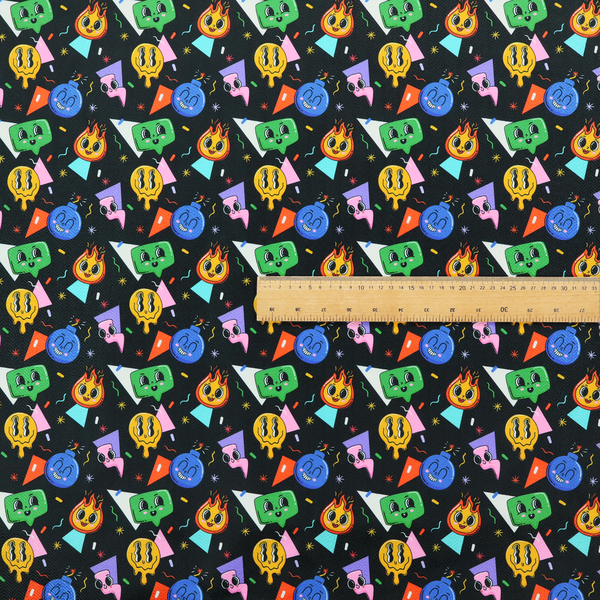 A retro, whimsical all-over print featuring an array of quirky, smiling cartoon characters and geometric shapes against a dark background.