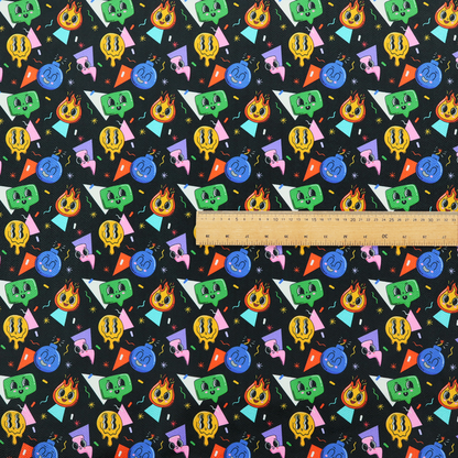 A retro, whimsical all-over print featuring an array of quirky, smiling cartoon characters and geometric shapes against a dark background.