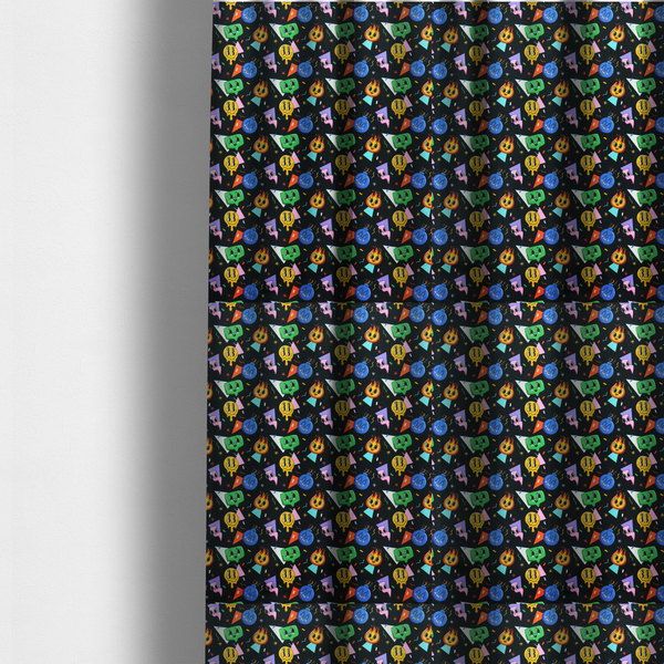 The fabric used to create these made-to-measure curtains is a retro, whimsical all-over print featuring an array of quirky, smiling cartoon characters and geometric shapes against a dark background.