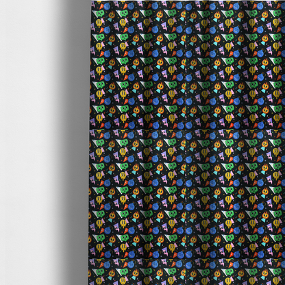 The fabric used to create these made-to-measure curtains is a retro, whimsical all-over print featuring an array of quirky, smiling cartoon characters and geometric shapes against a dark background.