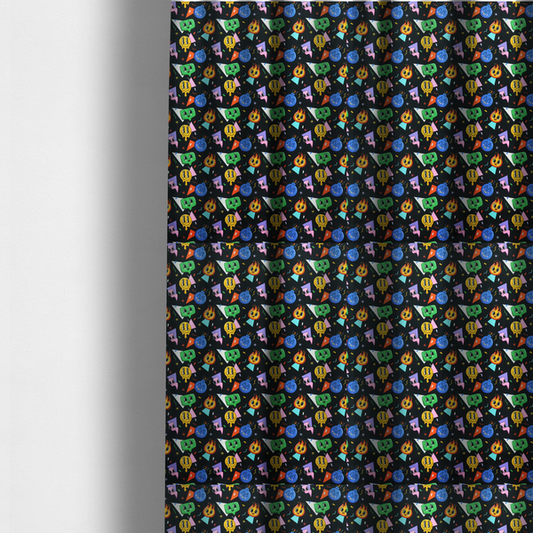 The fabric used to create these made-to-measure curtains is a retro, whimsical all-over print featuring an array of quirky, smiling cartoon characters and geometric shapes against a dark background.