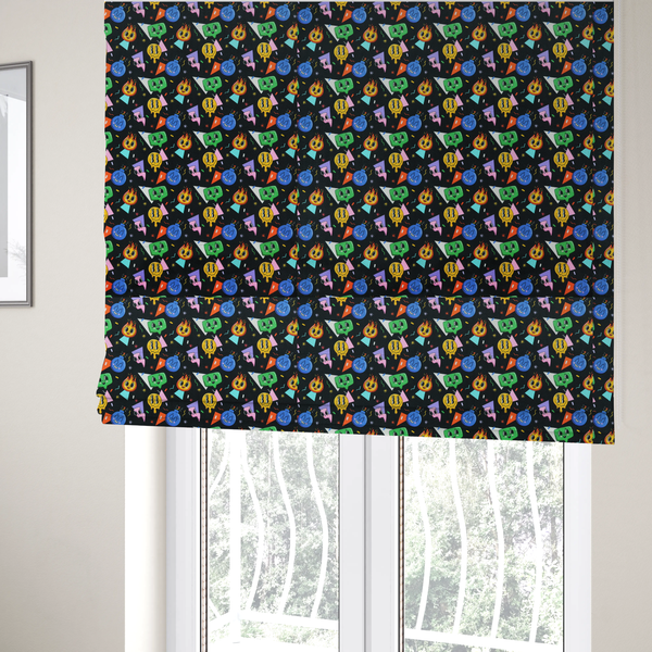 the fabric used to create these Roman blinds is a retro, whimsical all-over print featuring an array of quirky, smiling cartoon characters and geometric shapes against a dark background.