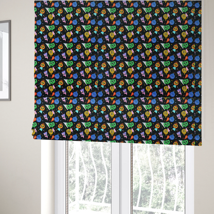 the fabric used to create these Roman blinds is a retro, whimsical all-over print featuring an array of quirky, smiling cartoon characters and geometric shapes against a dark background.