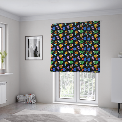 the fabric used to create these Roman blinds is a retro, whimsical all-over print featuring an array of quirky, smiling cartoon characters and geometric shapes against a dark background.